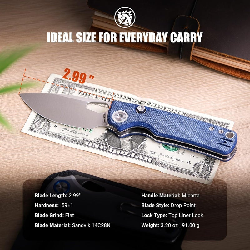 Vosteed Porcupine EDC Pocket Knife, Lightweight Folding knife - 2.99" 14C28N Steel Blade, Thumb hole, Blue Micarta Handle Top Liner Lock Knives for Camping Survival - A2605 - Image 2